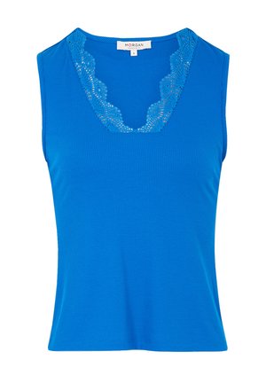 Blue sleeveless top with a ribbed texture. Features a lace accent along the neckline and an overall fitted design.