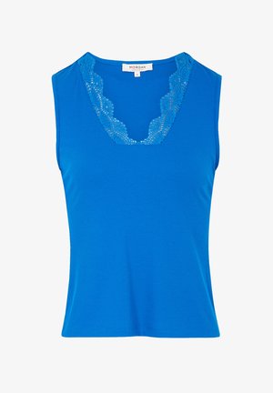 Blaues ärmelloses Oberteil mit strukturierter Rippoptik. Verfügt über eine Spitzenakzentuierung am Ausschnitt und hat insgesamt eine figurbetonte Passform.