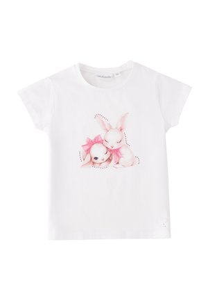Maglietta bianca per bambini con due coniglietti bianchi addormentati e fiocchi rosa stampati sul davanti.