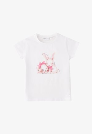 Maglietta bianca per bambini con due coniglietti bianchi addormentati e fiocchi rosa stampati sul davanti.