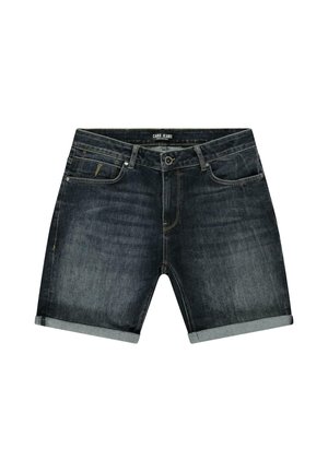 Donkergrijze denimshorts met opgerolde zoom, voorknop, rits, riemlussen en voorzakken met lichte vervaging.