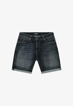 Donkergrijze denimshorts met opgerolde zoom, voorknop, rits, riemlussen en voorzakken met lichte vervaging.