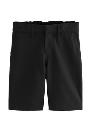 Zwarte shorts gemaakt van stevig stof, met een vlakke voorkant, twee steekzakken aan de zijkant en een tailleband met lussen voor een riem. Eenvoudig ontwerp zonder patronen.