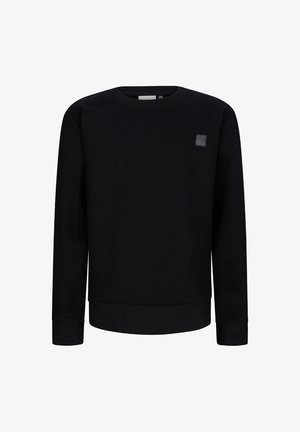 Schwarzer Langarm-Pullover mit Rundhalsausschnitt, strukturiertem Strick und kleinem quadratischen Logo-Patch auf der oberen linken Brust.