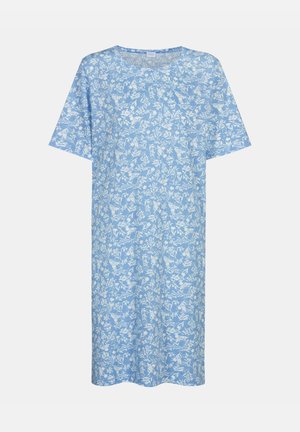 Chemise de nuit bleu clair à manches courtes, ornée d'un motif floral blanc. Conception à coupe droite, tissu doux et encolure ronde.
