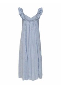 Modrá a bílá pruhovaná šaty s volánkovými ramínky, volným střihem a nařaseným výstřihem, vyrobené z lehkého materiálu.