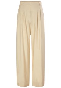 Krämliknande vida byxor med frontveck, avsmalnande nederdel och slät textur, tillverkade av lättviktigt material. Passar för både avslappnad och formell klädsel.