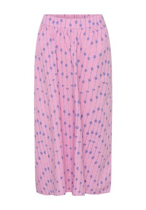 Pantaloni rosa a gamba larga con strisce floreali verticali blu e vita elastica.