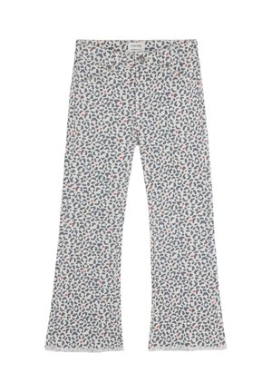 Jeans acampanados de tela ligera con un fondo claro, que presentan un patrón de estampado de leopardo azul y rosa. Diseño de cinco bolsillos con cierre de botón.