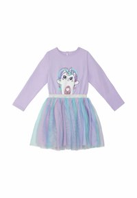 Vestido largo de manga larga en color púrpura con un gráfico de unicornio y acentos brillantes, que presenta una falda de tul en capas en colores pastel de azul y rosa.