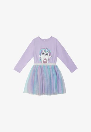 Fioletowa sukienka z długim rękawem z grafiką jednorożca i błyszczącymi akcentami, z warstwową spódnicą z tiulu w pastelowych kolorach niebieskim i różowym.