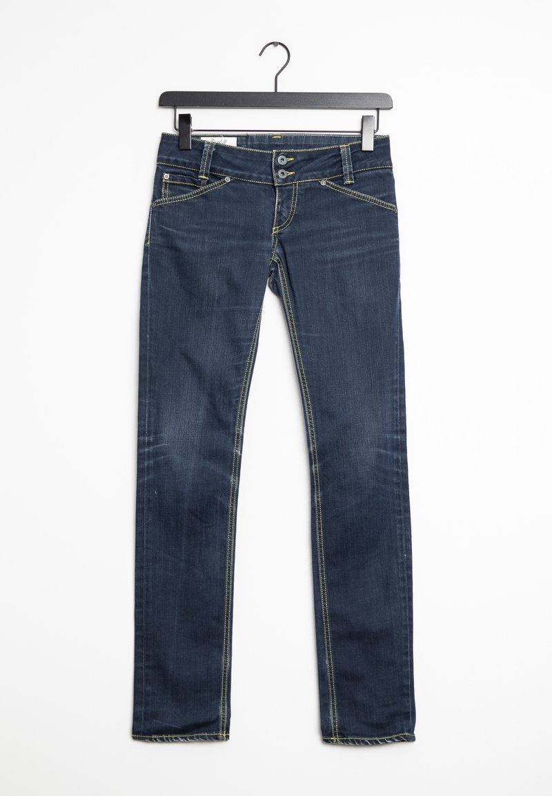 Dark wash denim jeans with a straight-leg design, featuring contrasting yellow stitching, two front pockets, and a button closure.