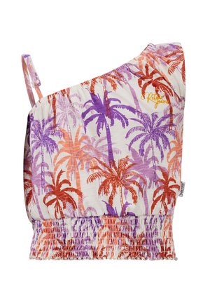 Schulterfreies Oberteil mit einem Palmenbaum-Print in Orange, Lila und Weiß. Eine geraffte Textur am Saum sorgt für Stretch und Designakzente.