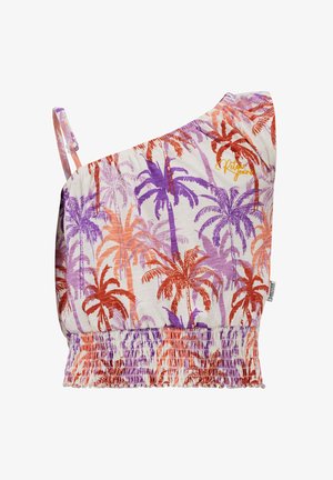 One-shoulder top met een palmboomprint in oranje, paars en wit. De smocktextuur aan de onderkant voegt rek en designdetails toe.