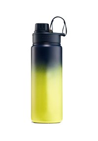 Edelstahl-Wasserflasche mit einem Verlaufsdesign von Marineblau zu leuchtendem Gelb, schwarzen Schraubdeckel und Tragegriff.