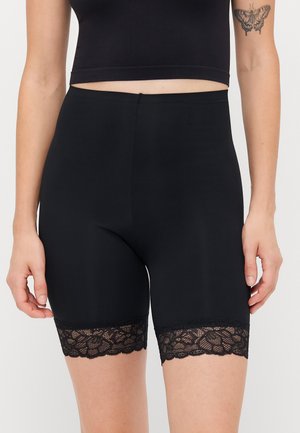 Black high-waisted shorts made from smooth fabric, featuring a lace trim at the hem and a fitted design that extends mid-thigh.