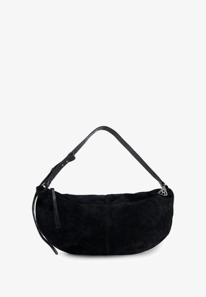 Sorte suddertaske med en rund form, justerbar læder skulderrem og en sidelægning med hardwaredetalje.