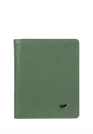 Portafoglio quadrato in pelle verde texturizzata con angoli arrotondati e piccolo emblema di rinoceronte in argento in basso a destra.