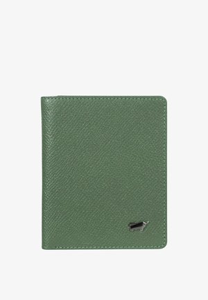 Portafoglio quadrato in pelle verde texturizzata con angoli arrotondati e piccolo emblema di rinoceronte in argento in basso a destra.