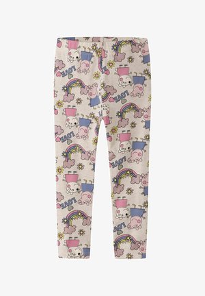 Legginsy wykonane z jasnoszarej tkaniny z wzorem kreskówkowym przedstawiającym świnki, tęcze, kwiaty oraz słowo "LOVE" w różnych kolorach.