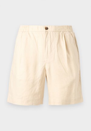 Beige casual shorts met elastische tailleband, enkele knoopsluiting, zijzakken en een losse pasvorm, geschikt voor warm weer.