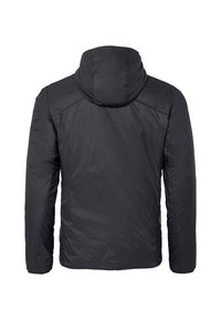 Schwarze isolierte Jacke mit Kapuze, die eine glatte Textur, lange Ärmel und ein schlichtes Design aufweist, von hinten gezeigt.