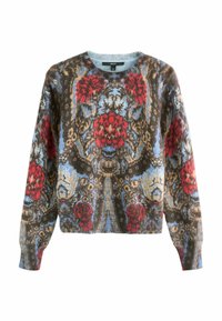 Multifarvet strikket sweater med et blomsterprint i rød, blå og brunnuancer, med rund hals og lange ærmer.
