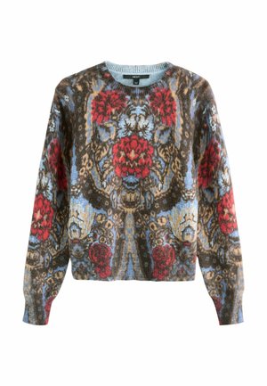 Suéter de punto multicolor con un patrón floral en tonos rojos, azules y marrones, con un cuello redondo y mangas largas.