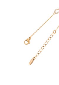 Chiusura di una collana d'oro e catena regolabile con un piccolo cartellino ovale su uno sfondo bianco.