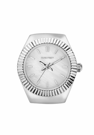 Silver hexagonal watch with a ridged bezel, a white mother-of-pearl dial, silver hour markers, and slim hands. Brand name engraved.