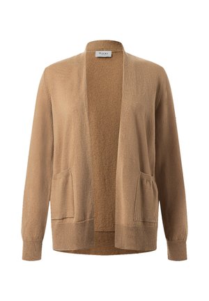 Beige cardigan med åben front, lange ærmer, to forlommer, ribstrikkede manchetter og kant, lavet af blødt strikstof.