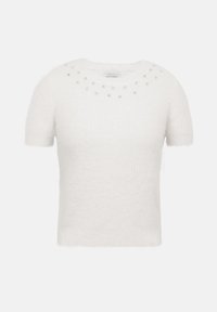 Pull blanc à manches courtes en tissu doux et texturé. Présente un col rond orné de petites pierres décoratives.