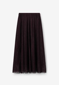 Jupe longue, d'un long bordeaux foncé, faite de dentelle avec une silhouette évasée et une taille élastique. Présente des motifs complexes et une texture légère.