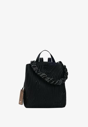 Black textured handbag with twisted black and white handle, two short straps, and a brown branded tag attached to the side.