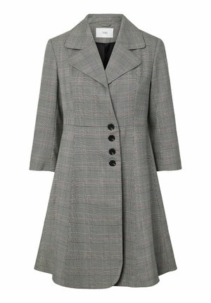 Siva karo jopič obleka z širokimi ovratniki, štirimi črnimi gumbi in rokavi do komolca, razširjen rob.