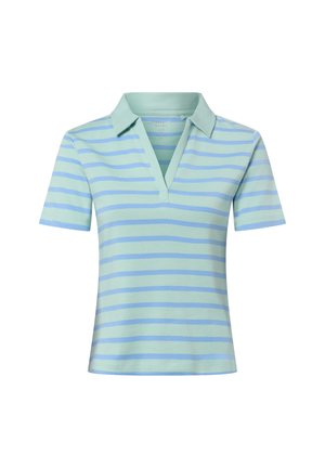 Jasnozielona koszulka polo z krótkim rękawem, kołnierzykiem i poziomymi, jasnoniebieskimi paskami.