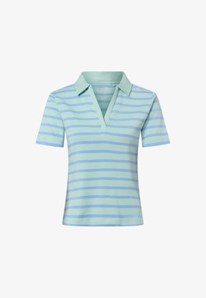 Jasnozielona koszulka polo z krótkim rękawem, kołnierzykiem i poziomymi, jasnoniebieskimi paskami.