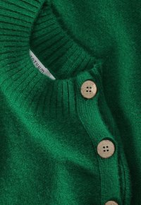 Pull en tricot vert avec un col rond, comportant des boutons en bois et une texture côtelée au niveau du col et le long de la patte de boutonnage.