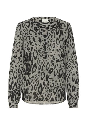 Long-sleeve, button-up blouse featuring a grey base with black leopard print, a notch neckline, and elasticized cuffs for a relaxed fit.