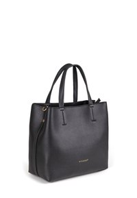 Sac fourre-tout en cuir noir texturé avec deux anses et quincaillerie dorée, présentant un design simple et un logo à l'avant.