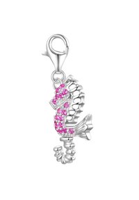 Silverfiskanhänge med rosa ädelstensdetaljer, en detaljerad fen-design och en kräftklämma för säker sammanlänkning.