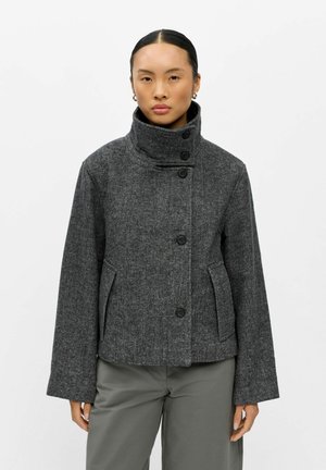 Femme portant une veste en laine gris foncé boutonnée avec un col montant et des poches latérales, associée à un pantalon gris clair, debout devant un fond blanc.