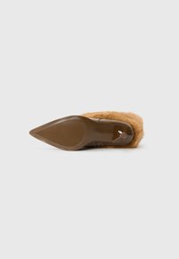 Scarpa con tacco marrone e punta affusolata. La tomaia è morbida e di colore beige, mentre la suola è liscia e marrone con motivi per la presa. Gli accessori includono un piccolo bottone.