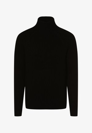 Svart ribbestrikket genser med høy hals og lange ermer, med en tettsittende silhuett og teksturert strikkemønster.