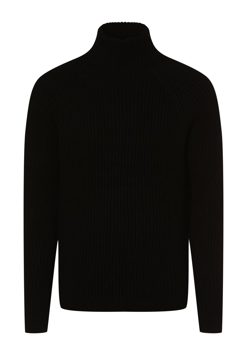 Schwarzer gerippter Rollkragenpullover mit langen Ärmeln und figurbetonter Silhouette, ausgestattet mit hohem Kragen und strukturiertem Strickmuster.