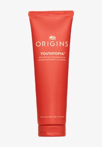 Punainen Origins Youthopia Apple Butter Cleansing Balm -putkilo, 125 mL, jossa on sileä rakenne ja valkoisella painettu teksti edessä.