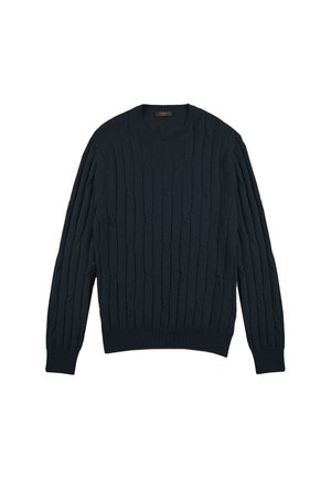 Dark navy cable-knit sweater featuring a crew neckline, long sleeves, and ribbed cuffs and hem. Textured pattern throughout.