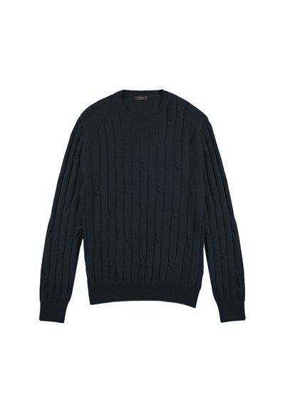 Dunkelblauer, strukturierter Strickpullover mit Rundhalsausschnitt, langen Ärmeln sowie gerippten Bündchen und Saum. Texturiertes Muster über das gesamte Kleidungsstück.