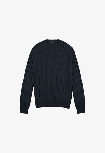 Dunkelblauer, strukturierter Strickpullover mit Rundhalsausschnitt, langen Ärmeln sowie gerippten Bündchen und Saum. Texturiertes Muster über das gesamte Kleidungsstück.