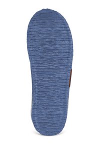 Schoenzool met een textuur van een golvend patroon in blauwe rubber. Aan de zijkant bevindt zich een oranje label. De vorm is ovaal met ronde hoeken.